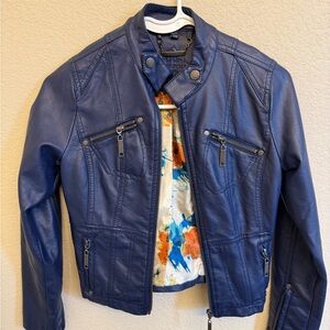 Girls Blue Faux Leather Jacket with Floral Lining from Jou Jou